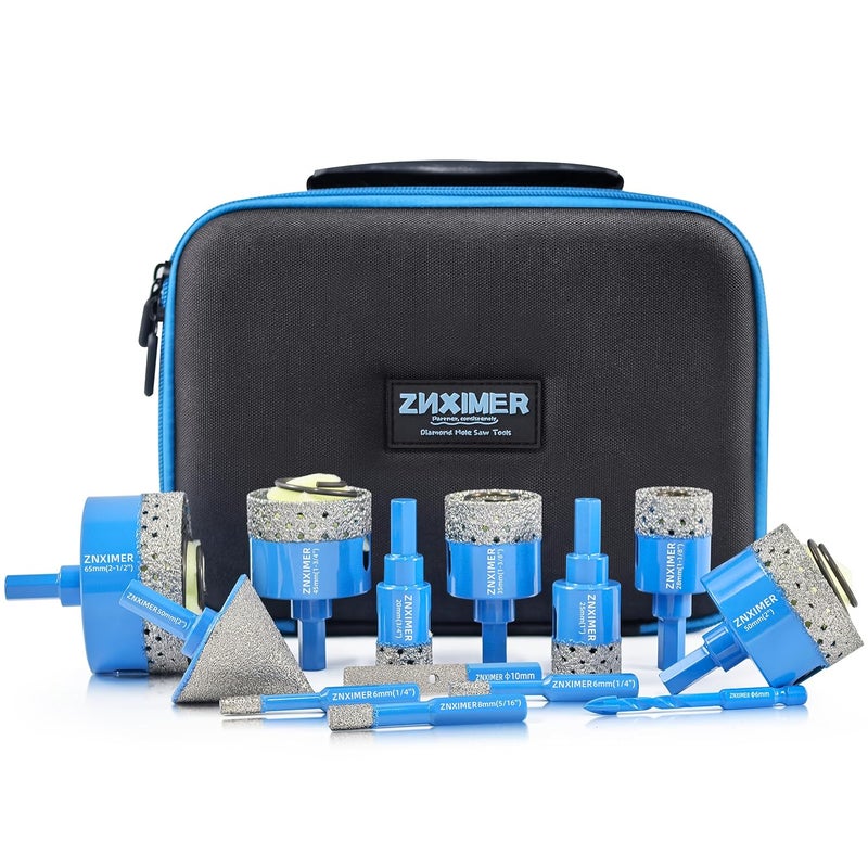 ZNXIMER Diamond Core Drill Bits Set - Porcelain Tile Hole Saw Kit for Ceramic, Granite, Marble and More Drilling - 13pcs Diamond Hole Saw Kit(6/6/8/20/25/28/35/45/50/65MM/2/6MM/10MM) - Image 1